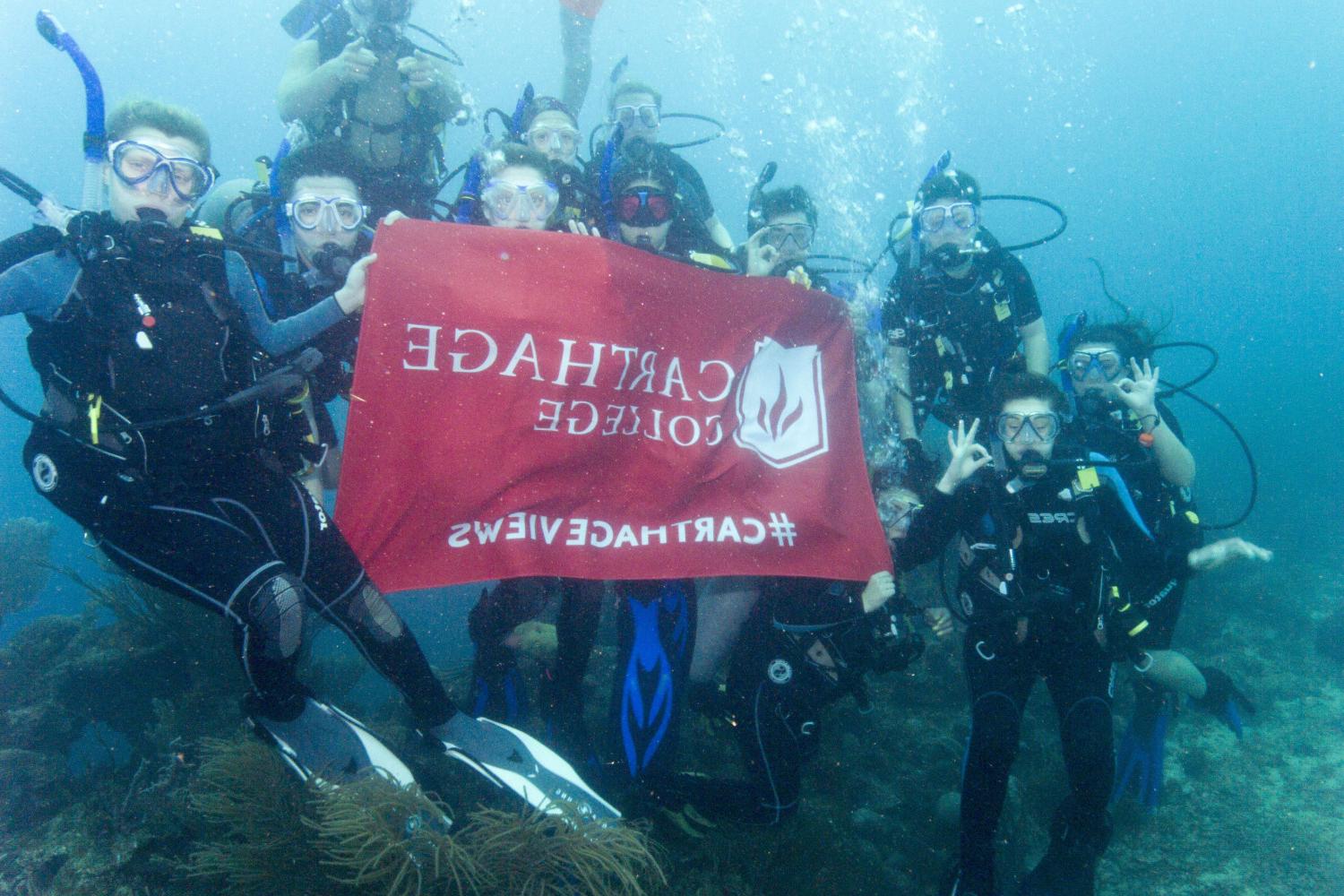 学生们手持<a href='http://n0t.thechromaticendpin.com'>bv伟德ios下载</a>旗帜，在j学期洪都拉斯游学之旅中潜水.